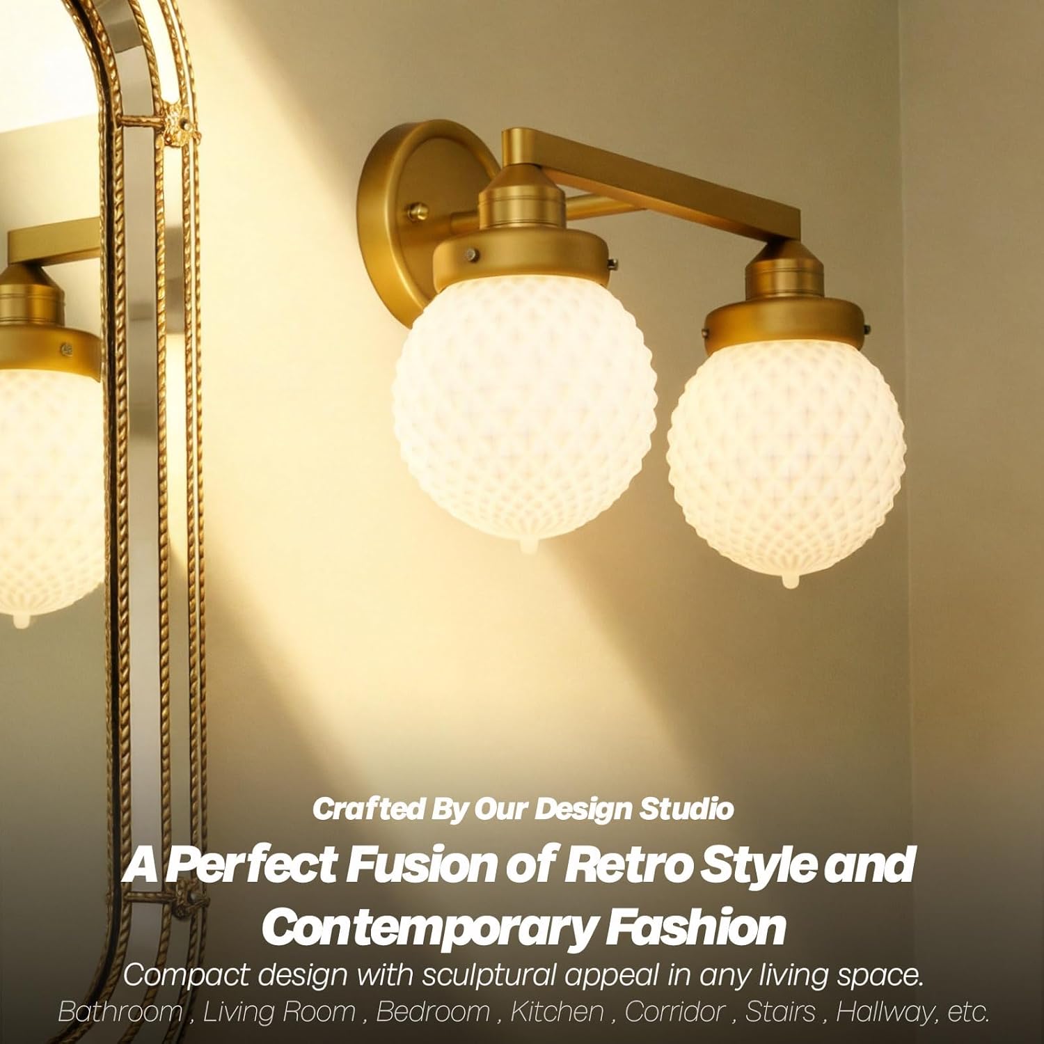 Vintage Gold 2-Light Milk Glass Wall Sconce, Bathroom Vanity Light Fixtures, Damp Rated Hardwired Double Sconce for a Designer Touch in Any Room.