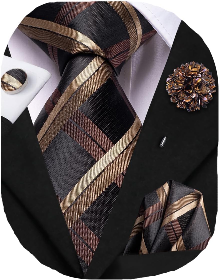 Hi-Tie Mens Tie Set Silk Striped Woven Necktie with Lapel Pin Pocket Square Cufflinks Set for Wedding Party