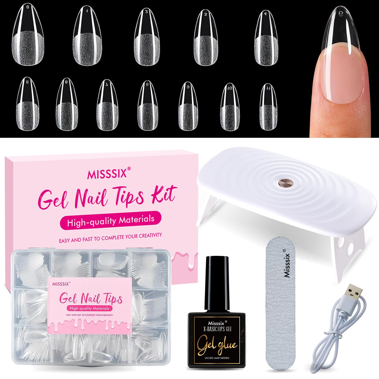 Misssix Medium Almond Gel x Nail Kit, 360Pcs Pre Etched Clear Nail Tips