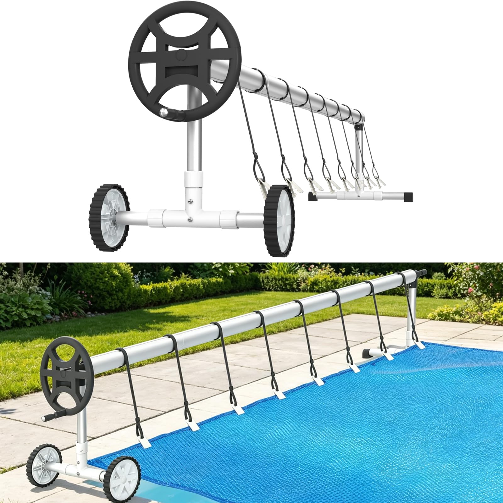 Enrouleur de Bâche 3 m - 5,7 m Réglable, Système d'enroulage en Aluminium avec manivelle et Roues, Télescopique Enrouleur de Piscine pour Solaire Mobile