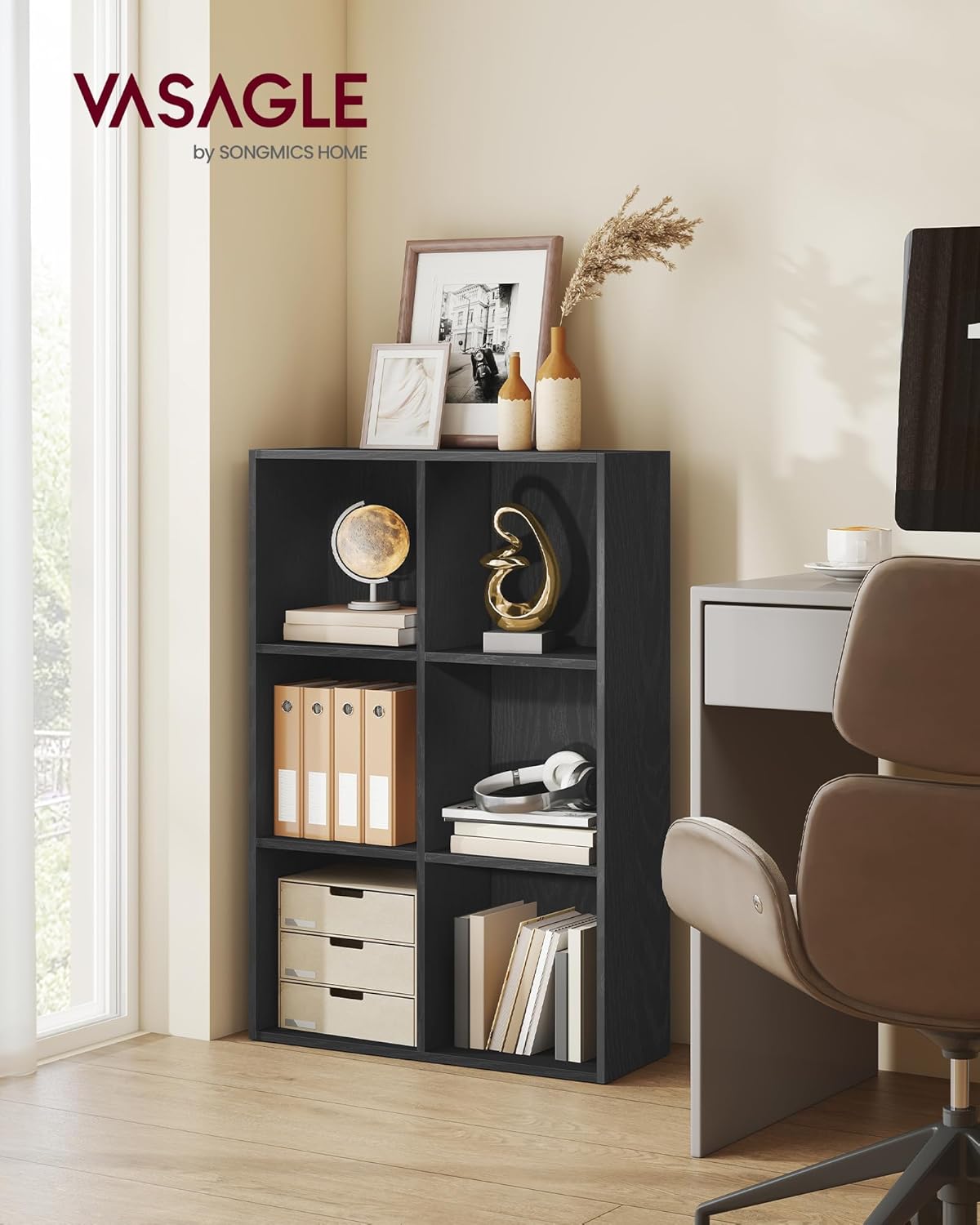 VASAGLE Custos Collection 6-Compartment Cube Shelf in an office setting, next to a desk and chair, holding various office supplies and decorative items.