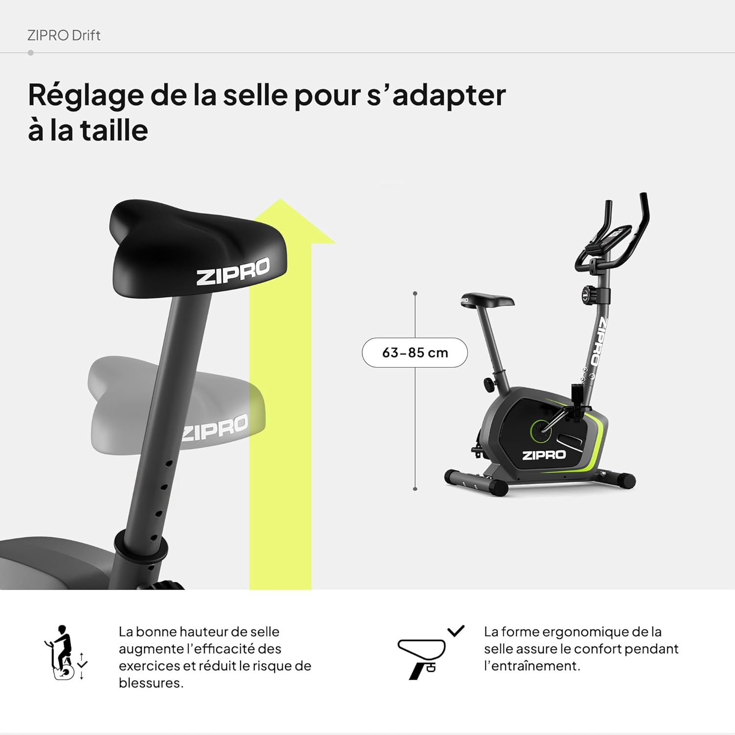 Diagram showing saddle height adjustment on the Zipro Drift exercise bike