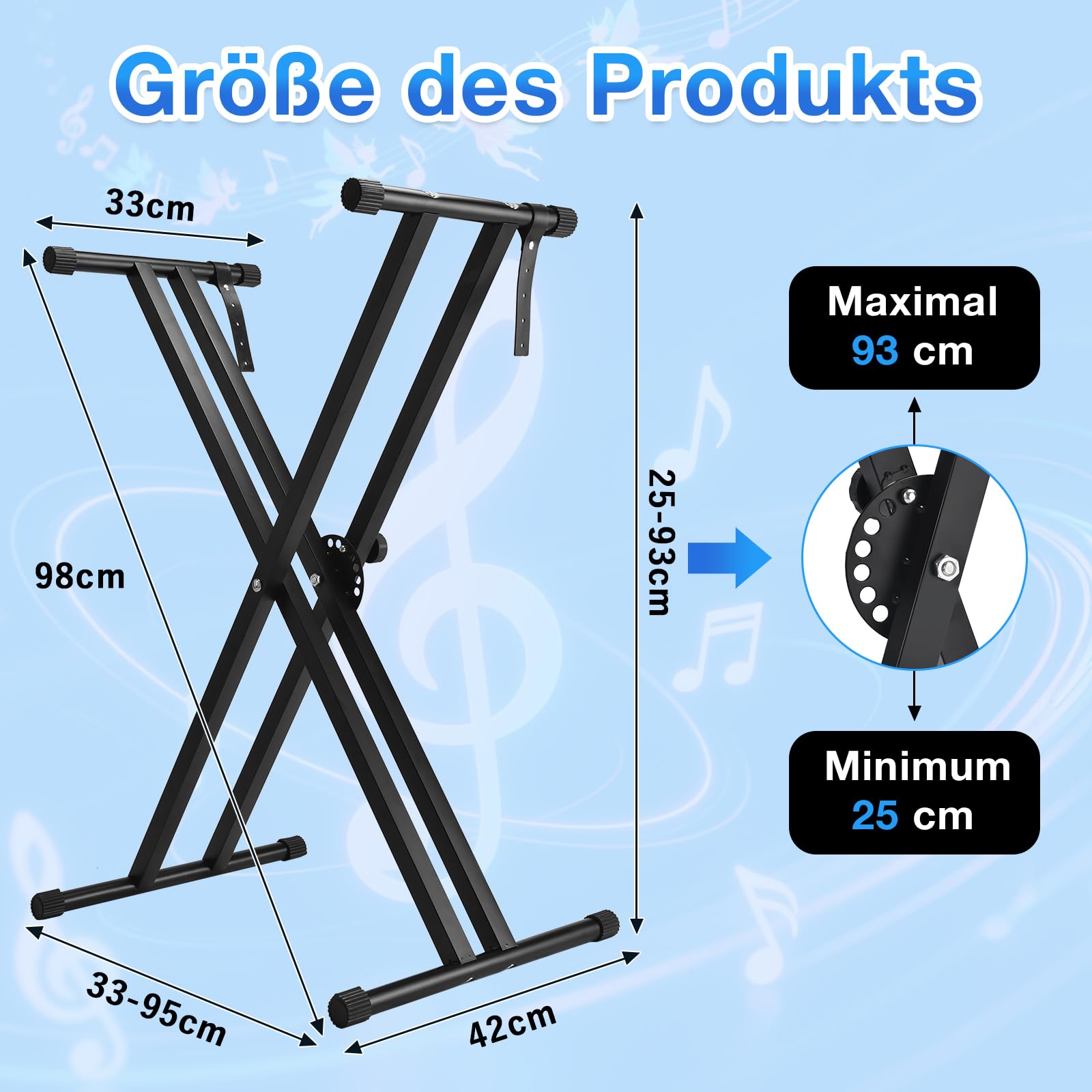Keyboardständer-Doppelstrebig Keyboard Ständer mit Sicherheitslaschen, höhenverstellbar in 7 Stufen von 25-93cm, X-Form piano stand faltbar und abnehmbar, kann für 54/88 Tasten E-Piano, Kinderklavier