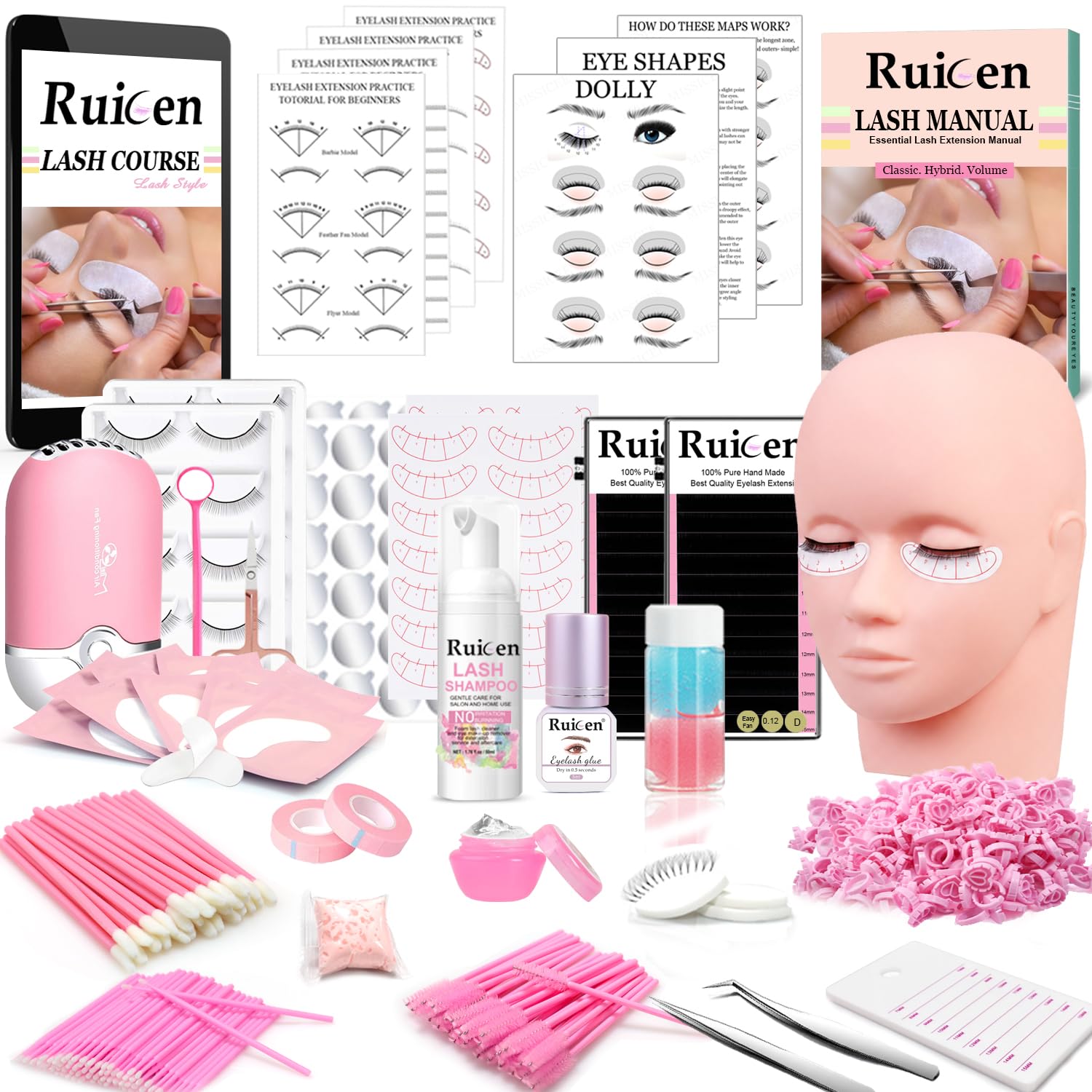 Kit di extension per ciglia per principianti, kit di extension per ciglia Ruicen con corso di formazione include testa di manichino, tabella di mappatura delle ciglia pratica e altri strumenti per