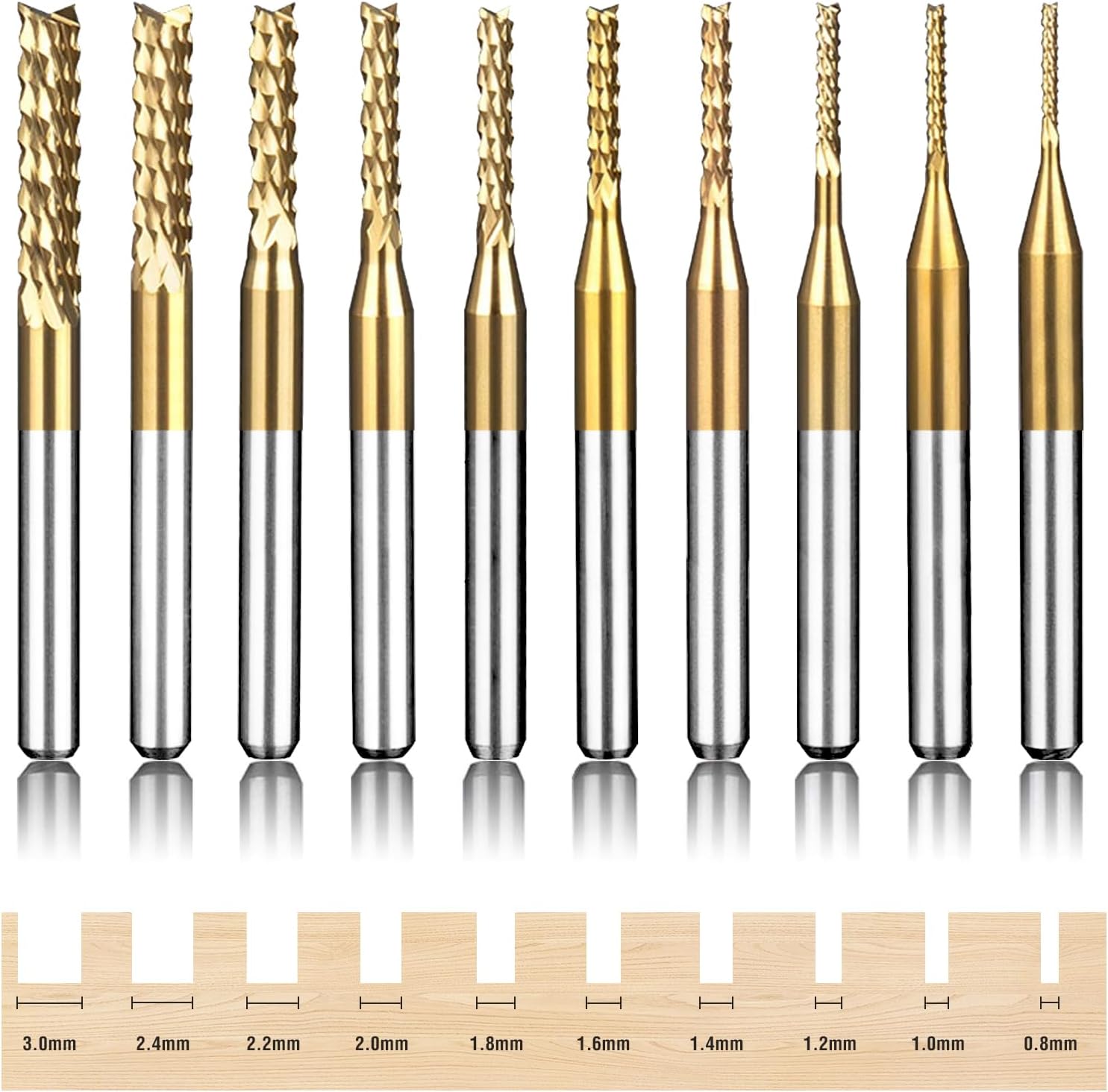 Titanium Coated Engraving Milling Cutter Carbide Bits, 0.8-3mm, 1/8'' Shank, 10 Pieces, for Dremel Rotary Tools
