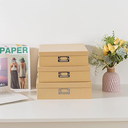 Miniatura 9 de Soul & Lane Cajas de almacenamiento de papel kraft negro carbón con tapas, juego de 3 organizadores decorativos anidables soluciones versátiles de