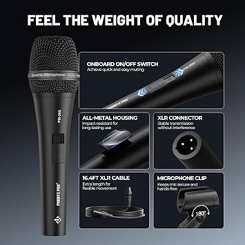 Phenyx Pro Vocal Microphone, Supercardioid Dynamic Mic with 16.4 ft XLR Cable, Mic Clip, Storage Bag, Wired Handheld Microphone for Singing, Stage, Studio, Karaoke (PM-26S)