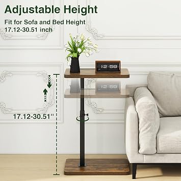 IBUYKE Side Table C Shape 360 ° Rotating and Height Adjustable Sofa Table Coffee Table for Narrow Spaces with Slot for Phone and Tablet for Living Room Bedroom Brown TVT003H