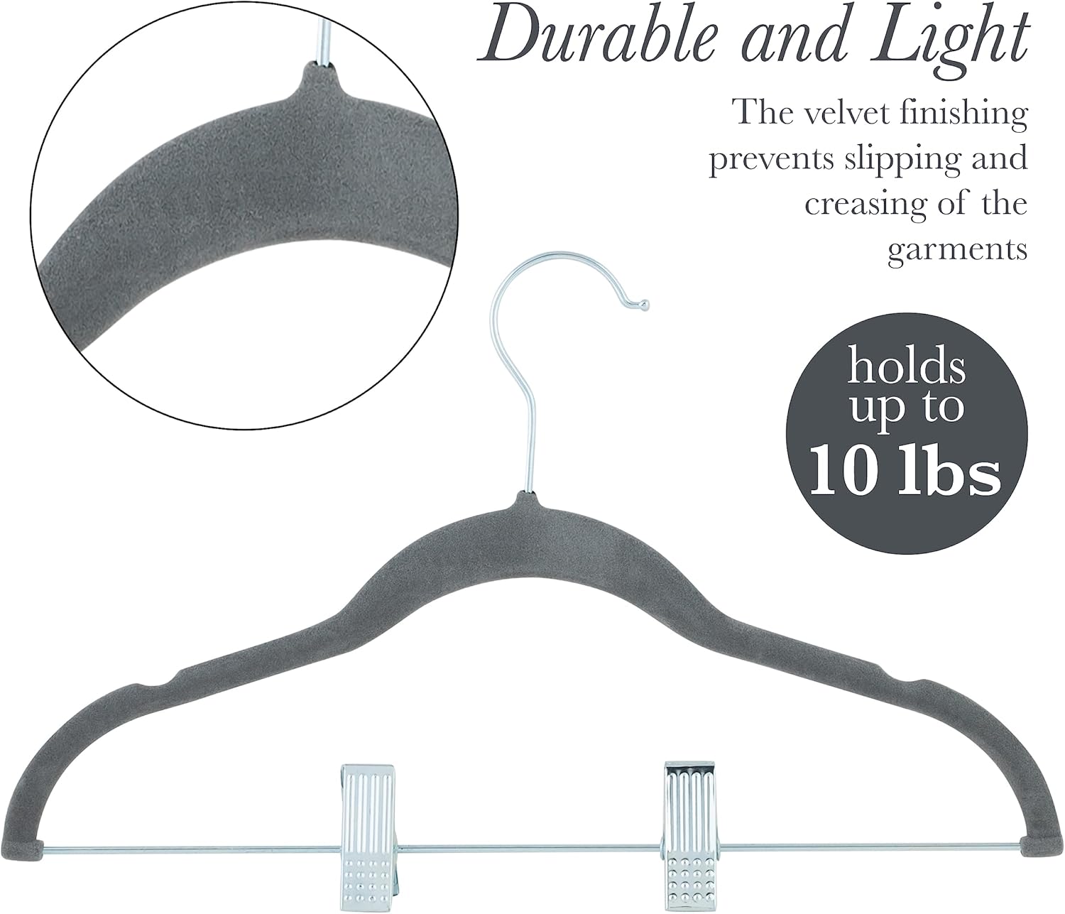 Simplify 24 Pack Children's Velvet Hangers | Durable | Lightweight | Non-Slip | Nursery | Shirt | Pants | Tank Top | Grey | Clips | Closet Organization
