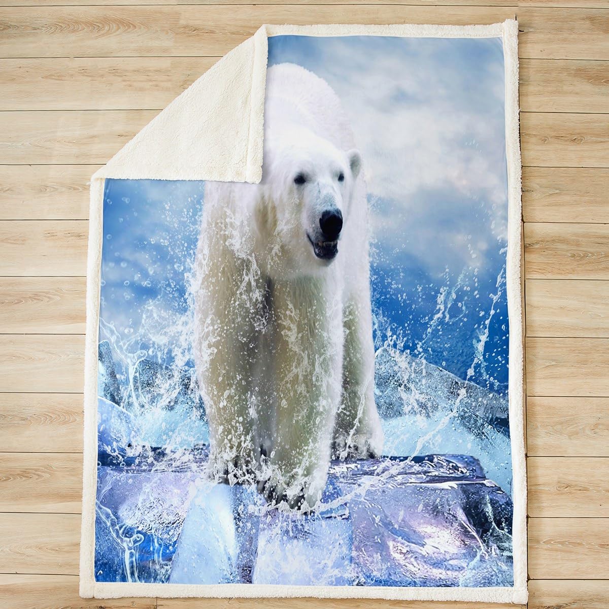 Homemissing Coperta in pile per bambini, orso bianco, per letto, divano, stampa orso, sherpa, coperta morbida e carina con animali sfocati, blu artico scenario regina 200 x 200 cm