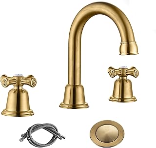 RKF Brass Two Handle Widespread Bathroom Sink Faucet with Metal Pop-up Drain with Overflow and CUPC Supply Hoses,Brushed Gold,CWF039-BG