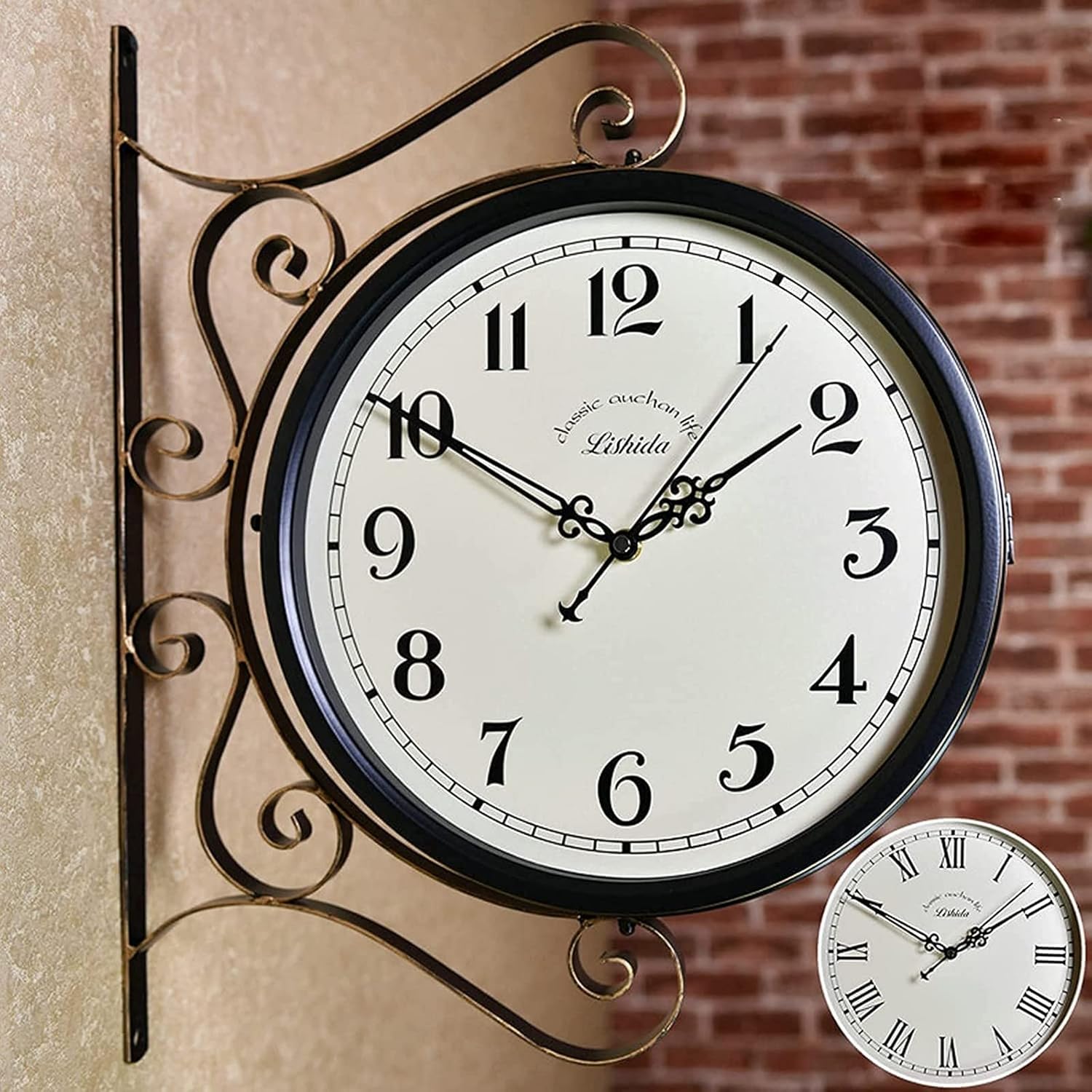 Wall Clock Wall Clock Art Clock Outdoor Garden Wall Clock, Wrought Iron Retro Double Sided Station Clock Garden Clock 360° Rotation Waterproof Outdoor Clock Decor Clock Wall Decor Clock