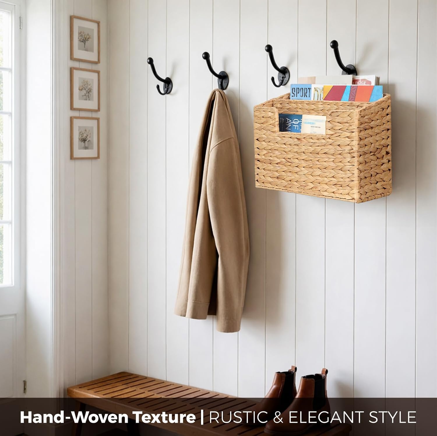Handwoven Divided Water Hyacinth Wall Magazine Holder - Natural Hanging Organizer for Mail, Newspapers & Magazines, Books & Files - Divided Magazine Basket for Entryway, Living Room, Office