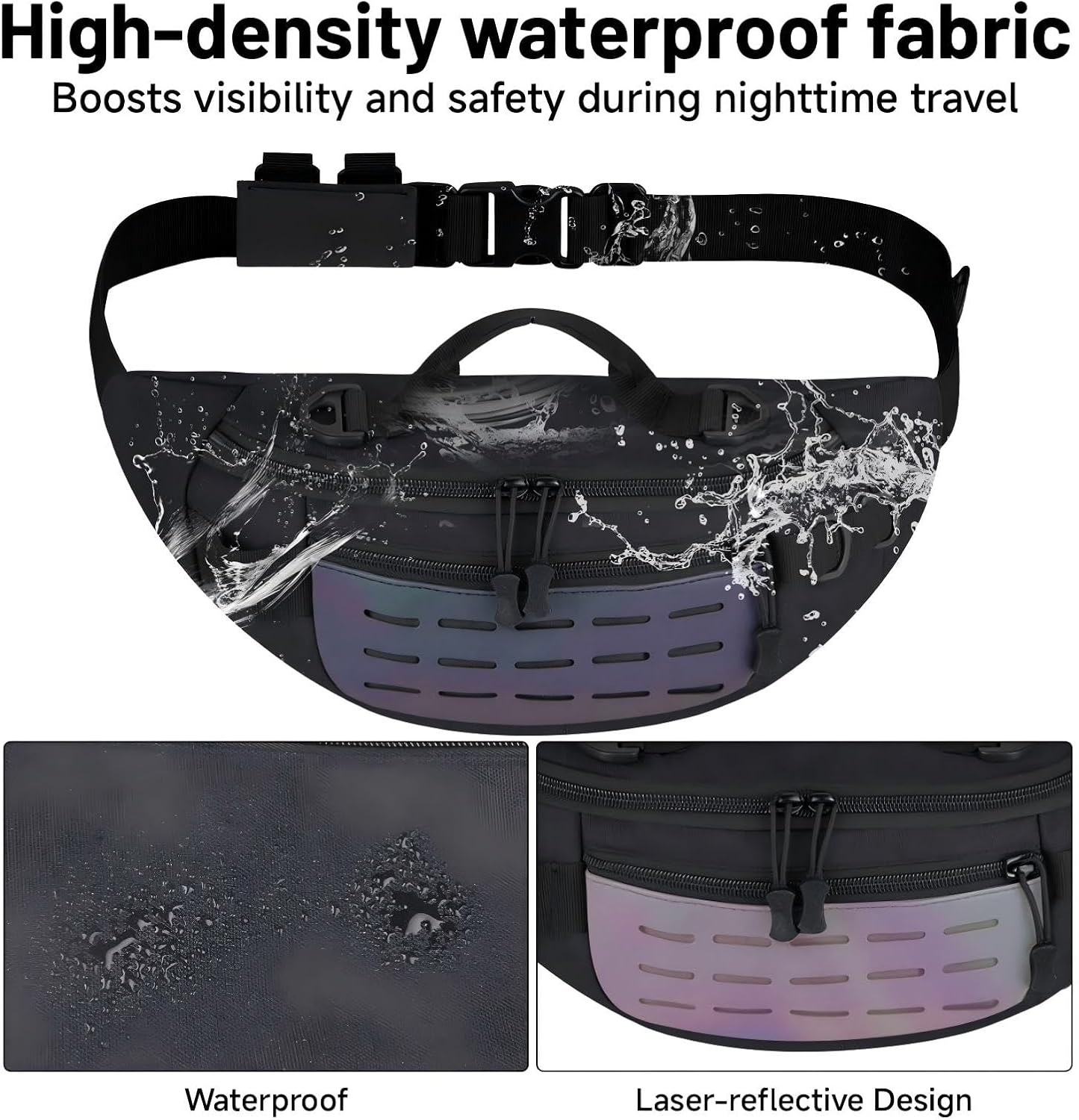 Outdoor Fanny Pack, Large Capacity Hiking Waist Packs with Adjustable Belt & Reflective Strip,good for Travel,Finshing,Running, Cycling(Black)