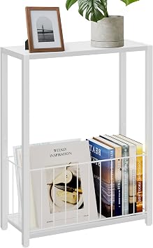 Homleke Narrow Side Table with Magazine Holder, Thin End Table Perfect for Small Spaces, Space Saving Design for Living Room, Bedroom and Office, 7.1" D x 16.9" W x 23.6" H, White