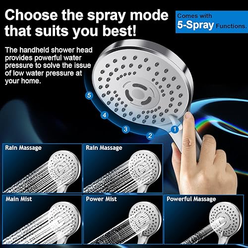 Miniatura 4 de PinWin Moderno cabezal de ducha cuadrado grande de 12 pulgadas con 5 modos de ducha de mano, brazo ajustable, fácil instalación sin herramientas