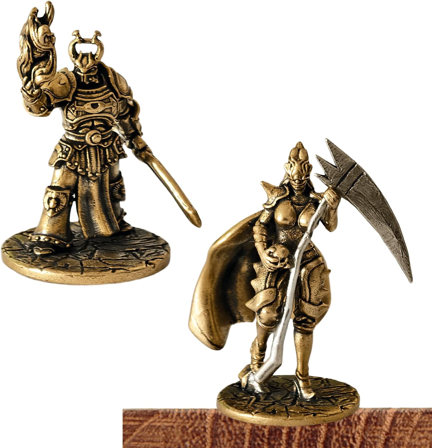 Maiden Warrior + Mage 1 Brass Figurine Set, Vintage Lost-Waste Craft, Mini Desktop Ornament, Car Decoration, Home/Office Decoration, Niche Collectible (Style B)