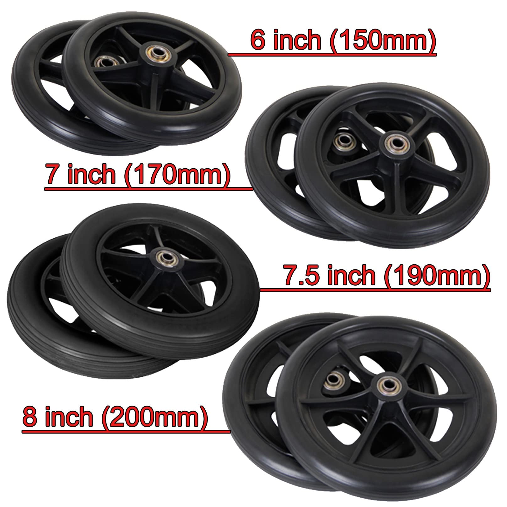 LIGUOYI 2 szt. Koło samonastawne na wózku inwalidzkim, 15 cm 18 cm opony z twardą gumą, cicha cisza, odporna na zużywanie i antypoślizgowa, oś 5/16", uniwersalne do akcesoriów do wózków inwalidzkich części zamiennych kółek na kółkach