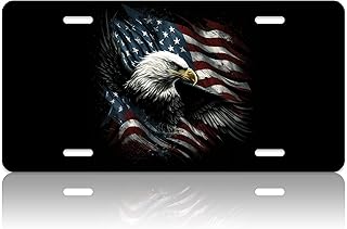 USA Flag American Bald Eagle License Plate Cover Personalise Car Front License Plate Rust-Proof Stainless Steel Metal Car Plates Tag Funny Novelty Vanity Tag 4 Screw Hole Decorative