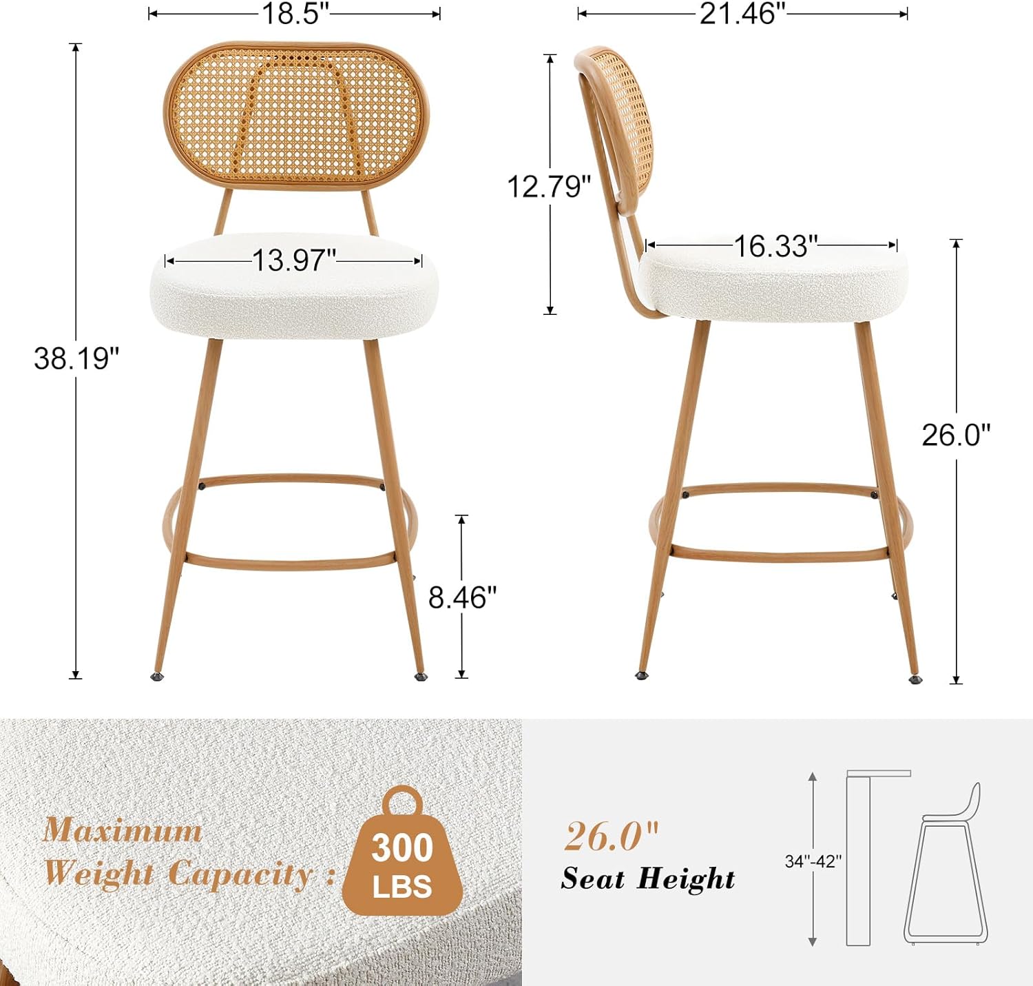26" Rattan Barstools Set of 3, Counter Height Bar Chair with Wooden Metal Legs, Modern Armless Sherpa Pub Chair, Adjustable Feetpads Stools for Home Counter, Kitchen Dining Island, Cafe(Grey)