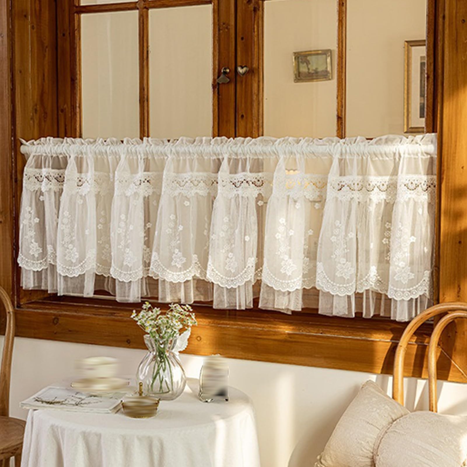 Rideaux Court Volants Cuisine en Voile Blanc, Rideaux Cuisine Style | Rideaux Fenêtre De Cuisine Au-dessus L'évier, Demi-fenêtre Filtrant Lumière, Rideau Bistro(98.4LX 15.7Hin/250LX 40Hcm)