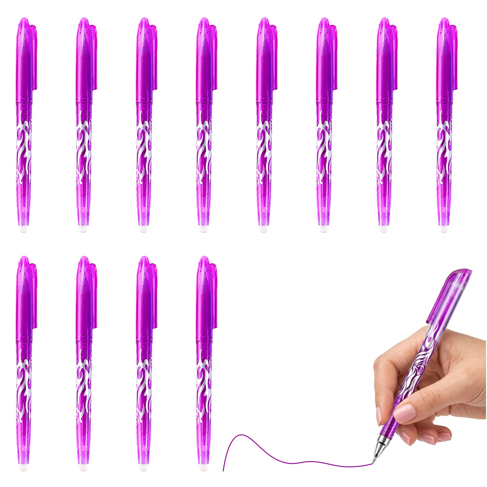 Musiook 12Pack Purple Pens for School, Erasable Pen Set with 0.5mm Tip, Erasable Highlighters with Smooth Writing Gel Ink, Rub Out Function & Built-in Erasers, Ideal for Students, Office Work