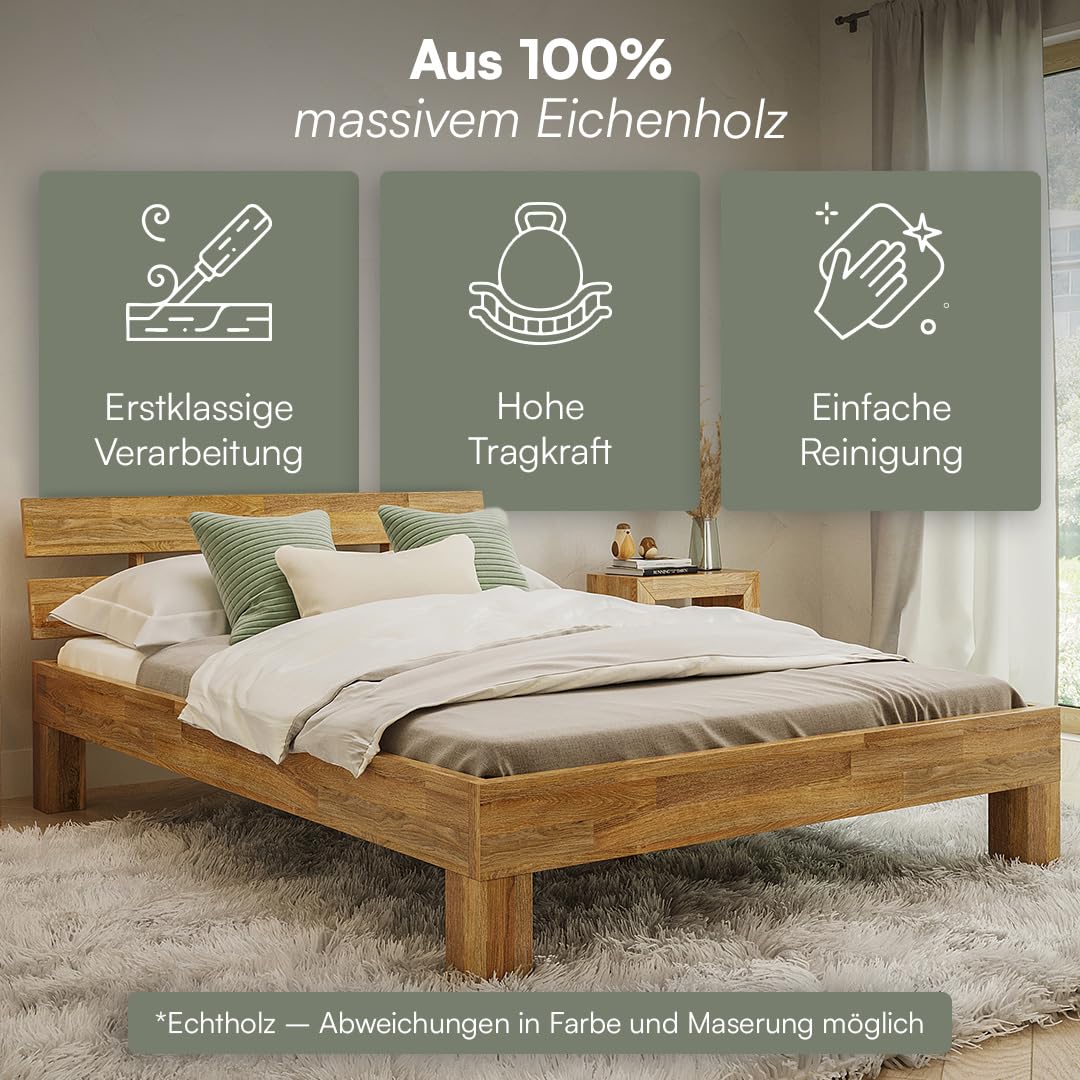 skølm Floki Massivholzbett 140x200 cm aus Eiche - hochwertiges Bettgestell - Bettrahmen mit Bettkopf - Holzbett in Natur geölt - Bett geeignet als Doppelbett - Futonbett Schlafzimmer
