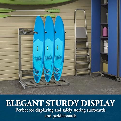 Miniatura 10 de MyGift Estante vertical independiente de madera quemada rústica de 4 pies de alto, estante de almacenamiento para tablas de surf Wakeboard SUP -