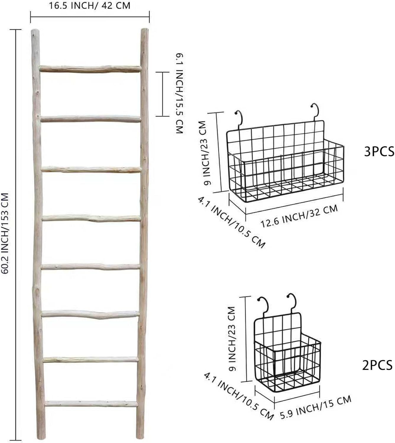 PARISLOFT 8-Tier Wooden Blanket Ladder with 5 Removable Baskets, Farmhouse Leaning Ladder Shelves for Living Room & Bedroom, Washed White Finish