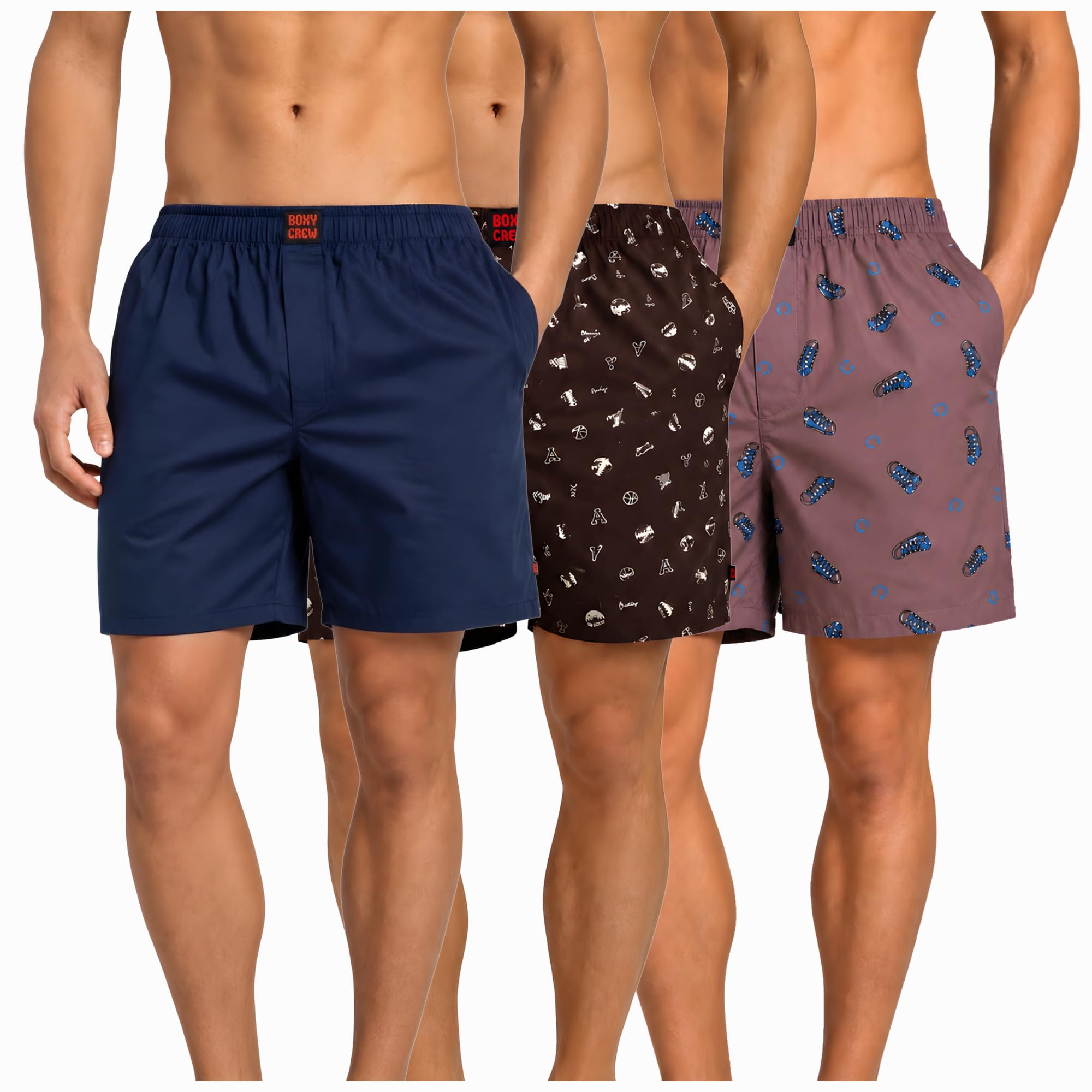 Men's 100% Cotton Boxer Shorts Pack of 3, Navy Blue, Brown & Mauve | Woven Boxers with Side Pockets, No-Marks Elastic Waistband, Breathable Relaxed Fit | Style 002-005-015-image-40