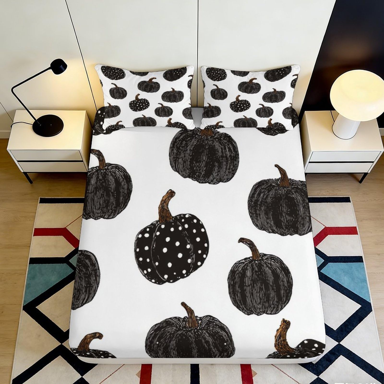 3D Printed Pumpkin Microfiber Fitted Sheet Deep Pocket Non-Slip Bedding Pumpkin Mattress Fitted Cover for Bedroom Adults 200x200x25cm
