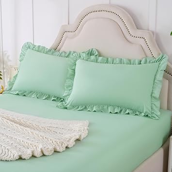 Homiest 3-Pieces Ruffle Pillow Case & Fitted Sheet Set, Sage Green Full Sheets with 2 Ruffled Pillow Shams, 15 Inch Deep Pocket, Cute & Coquette Microfiber Bed Set for Decorating Bedroom Hotel