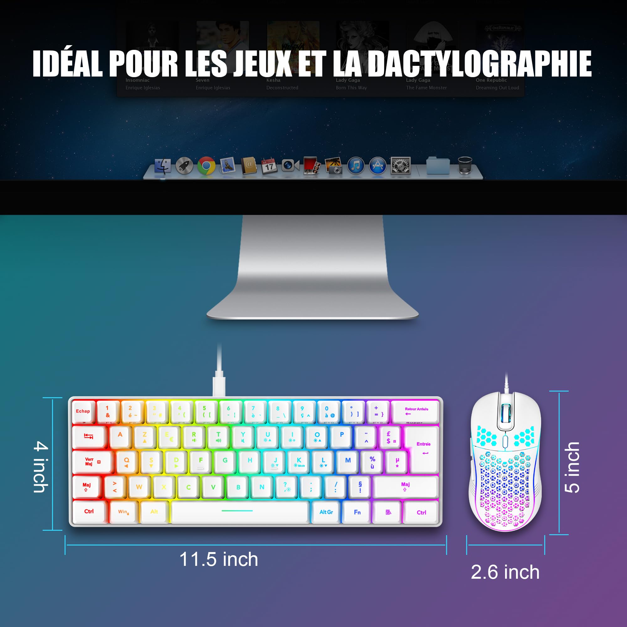 RedThunder 60% Set di tastiera e mouse 2 in 1 Gamer, AZERTY FRANCESE, Mini tastiera ultra-compatta retroilluminata RGB 62 tasti, mouse leggero 6 pulsanti 7200 DPI per PC Mac PS5 Xbox (bianco)