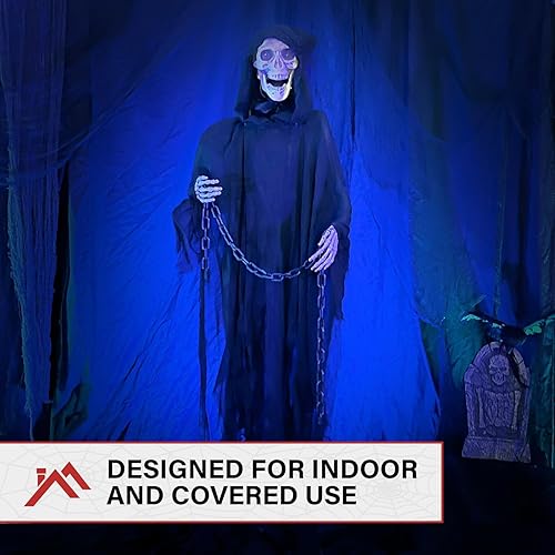 Miniatura 6 de Haunted Hill Farm Parca aterradora de tamaño real con cadena, animatrónica de Halloween con luces y sonidos activados por el tacto, funciona