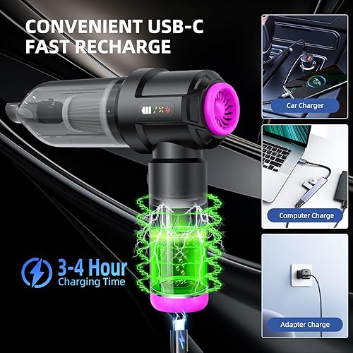 Miniatura 5 de Aspiradora inalámbrica  22000 PA aspiradora de mano para automóvil, mini plumero portátil 4 en 1 recargable, 3 velocidades pequeños y potentes