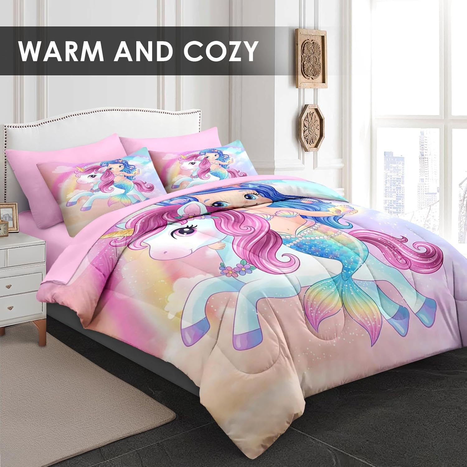 WeCozy Queen Size Comforter Set with 2 Pillowcases & 2 Shams, Cute Unicorn Mermaid 7 Pcs Bedding for Kids and Teens, Love Kids Rainbow Bed in a Bag with Flat Fitted Sheet