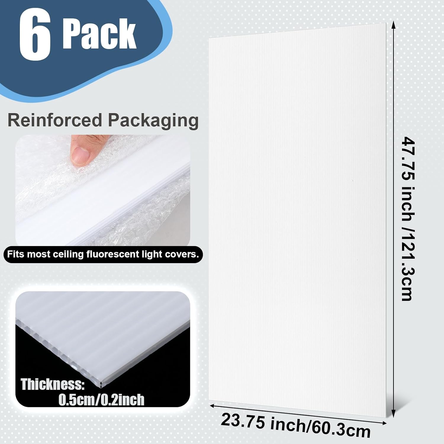 6 Pack 23.75" x 47.75" x 0.2" Fluorescent Light Covers Polycarbonate Diffuser Panels Replacement for 2x4ft Drop Ceiling Light Fixture for Classroom Office Commercial Use (Milky White)