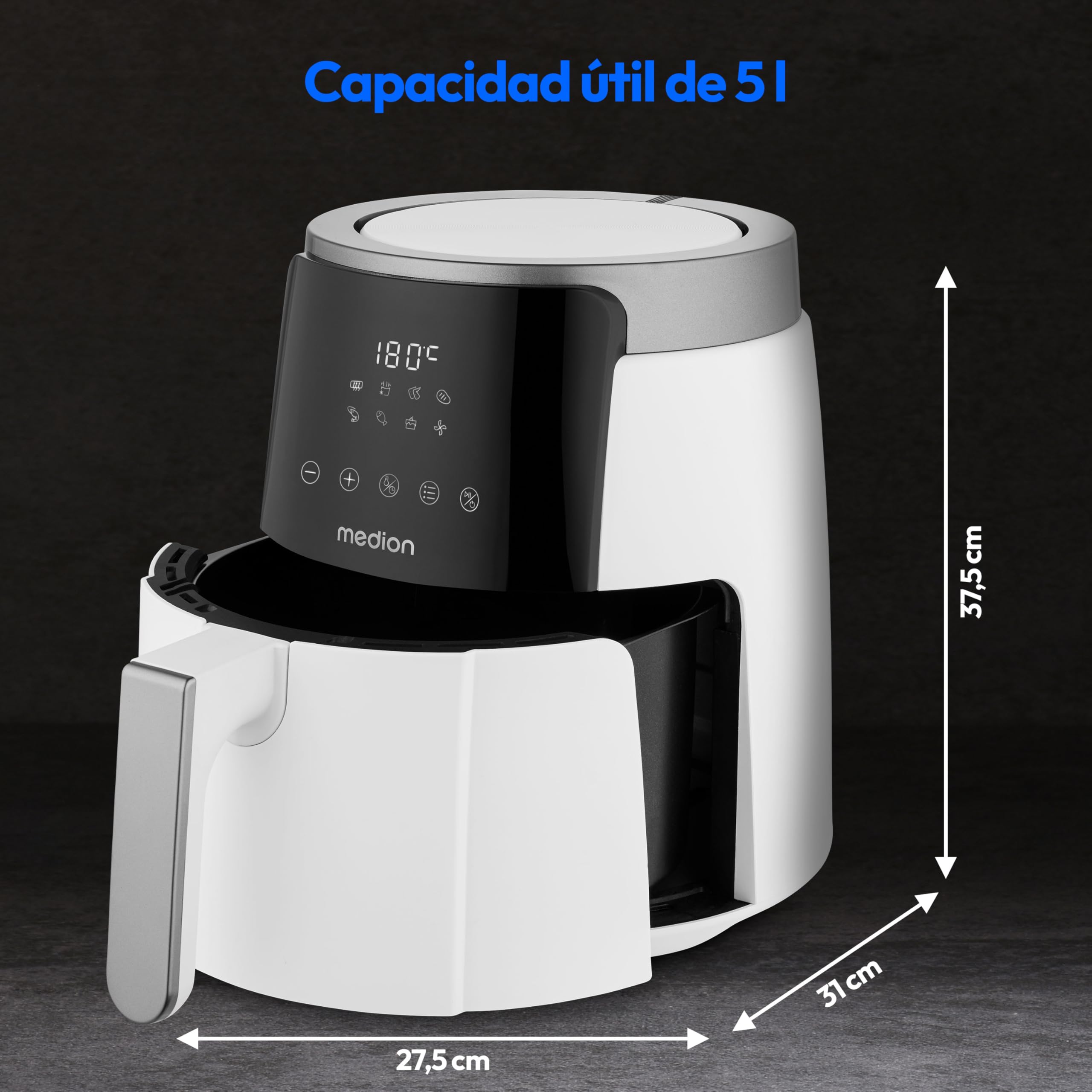 MEDION Freidora de aire caliente P40 L (4,7 litros, 1500 vatios, fácil manejo, freír sin aceite, temporizador de 60 minutos, hasta 200° C, revestimiento antiadherente, MD13030) blanco