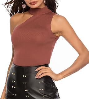 Estink Womens One Shoulder Mock Neck Knit Sleeveless Top Asymmetrical Cut Out Ribbed Tank Top