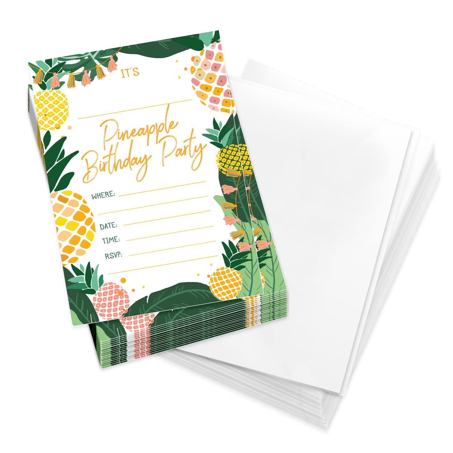 Desert Cactus Pineapple Happy Birthday Invitations Invite Cards (25 Count) With Envelopes Boys Girls Kids Party (25ct)