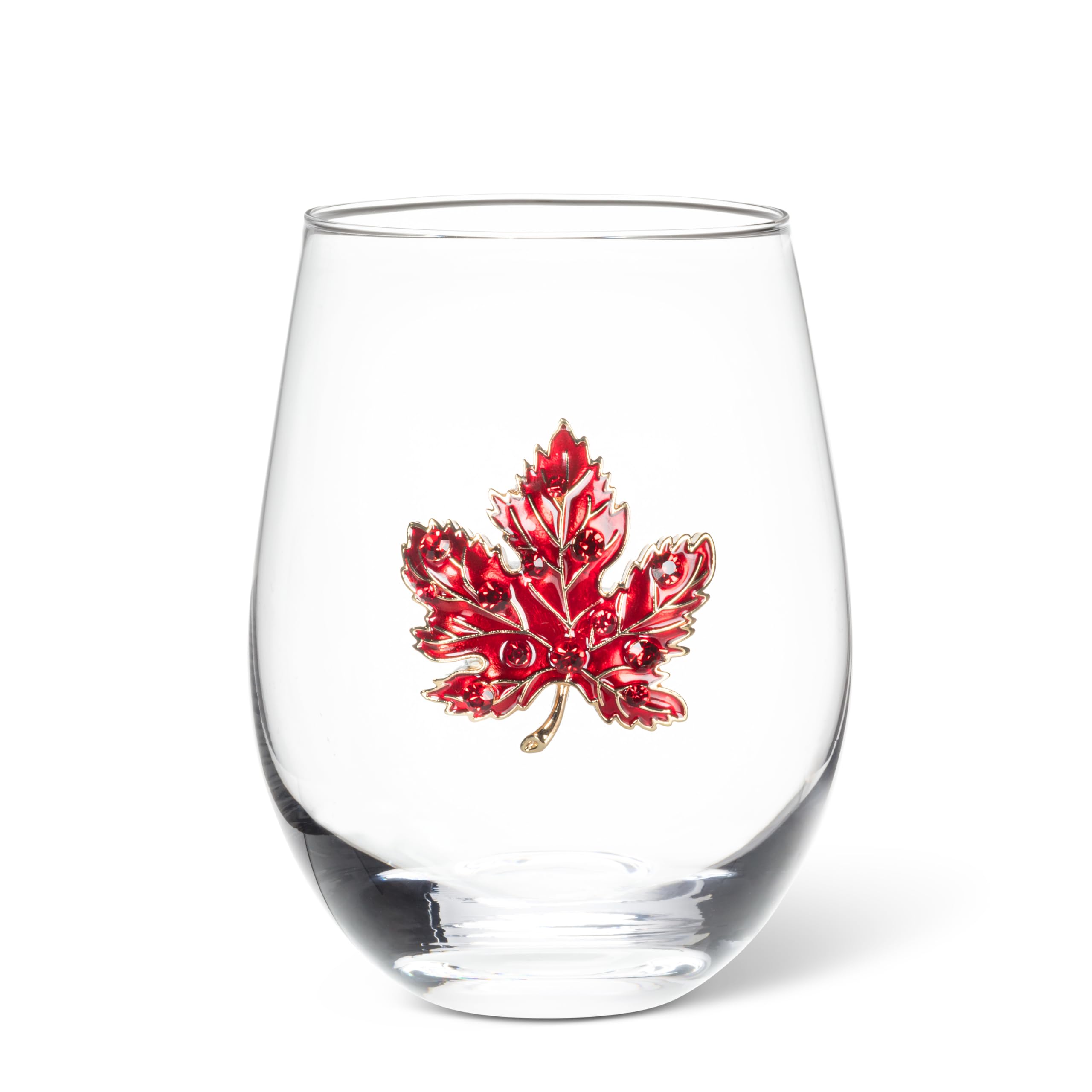 Abbott Collection Stemless Wine Glass with Jewel Maple Leaf - Glass/Metal, Clear/Red, 4.5 inches H (16oz)