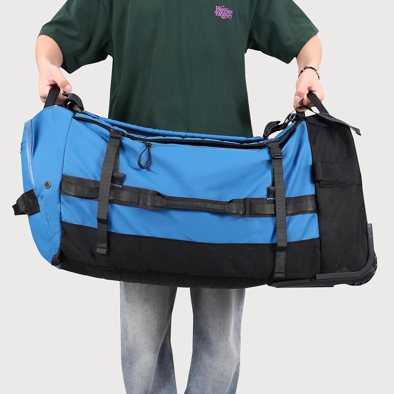 29" 86L Foldable Wheeled Duffle Bag, Waterproof Travel Rolling Backpack with Quilted Bottom, Blue - Image 9