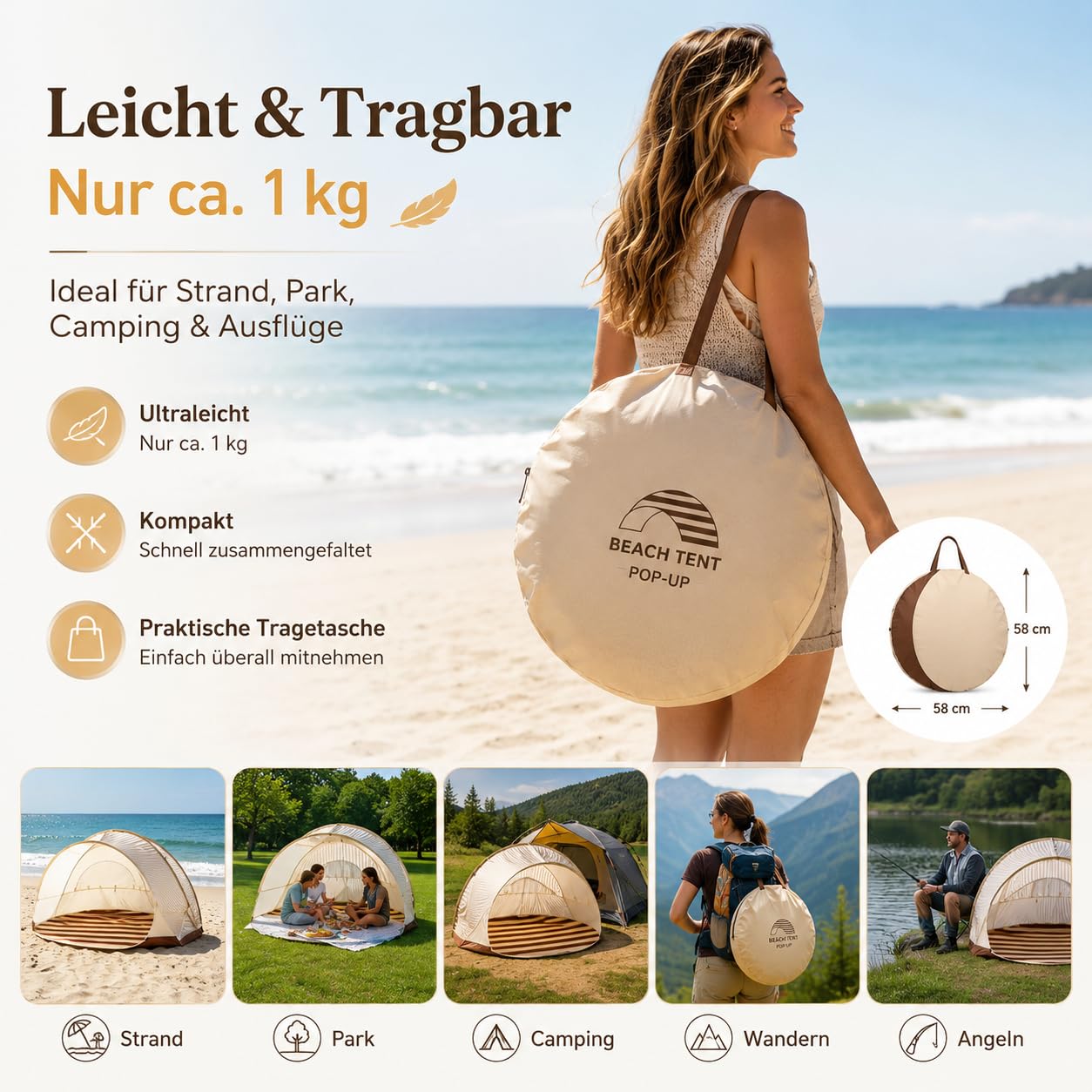 Pop-up Strandmuschel UV Schutz 50, 2-3 Personen Groß Strandzelt 1kg-Leicht & Tragbar, Wasserdicht Sonnenbeständig Atmungsaktiv,120x100cm, für Wanderausflug Strand Camping (Braun_185X85cm)