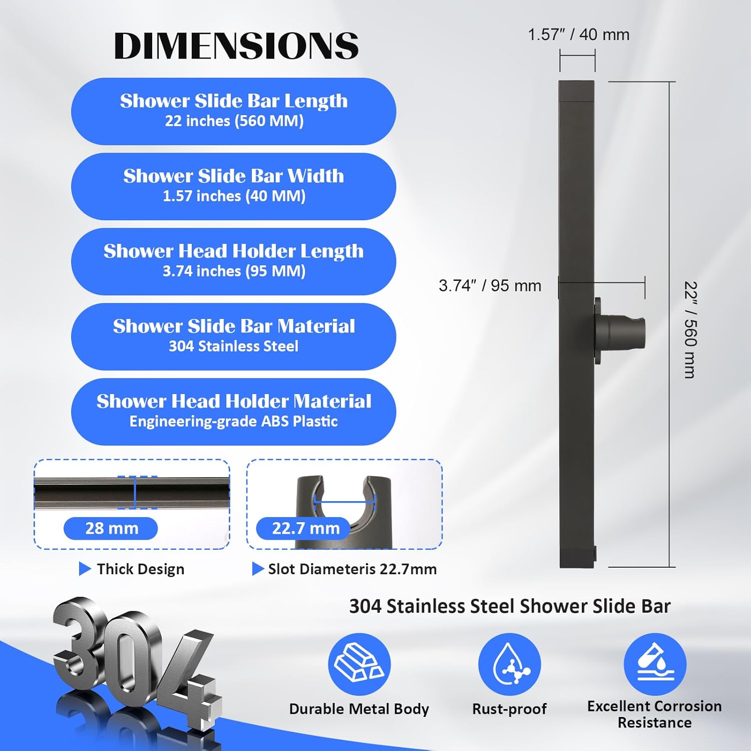 Shower Slide Bar with Height and Angle Adjustable Handheld Shower Head Holder |Strong Adhesive Disc Mount or Drilling Installation (Aluminum Alloy Material) (Gray) - Image 3