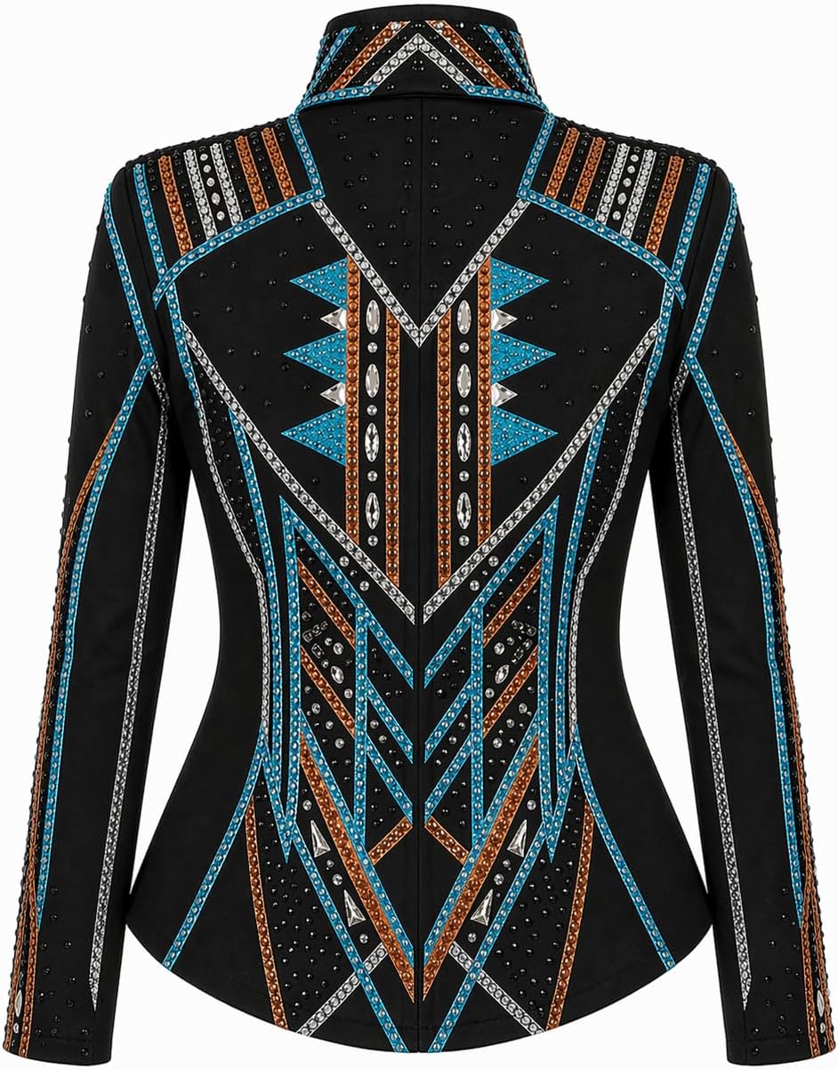 Women’s Western Show Jacket Black – Equestrian Riding Coat with Tribal Geometric Design