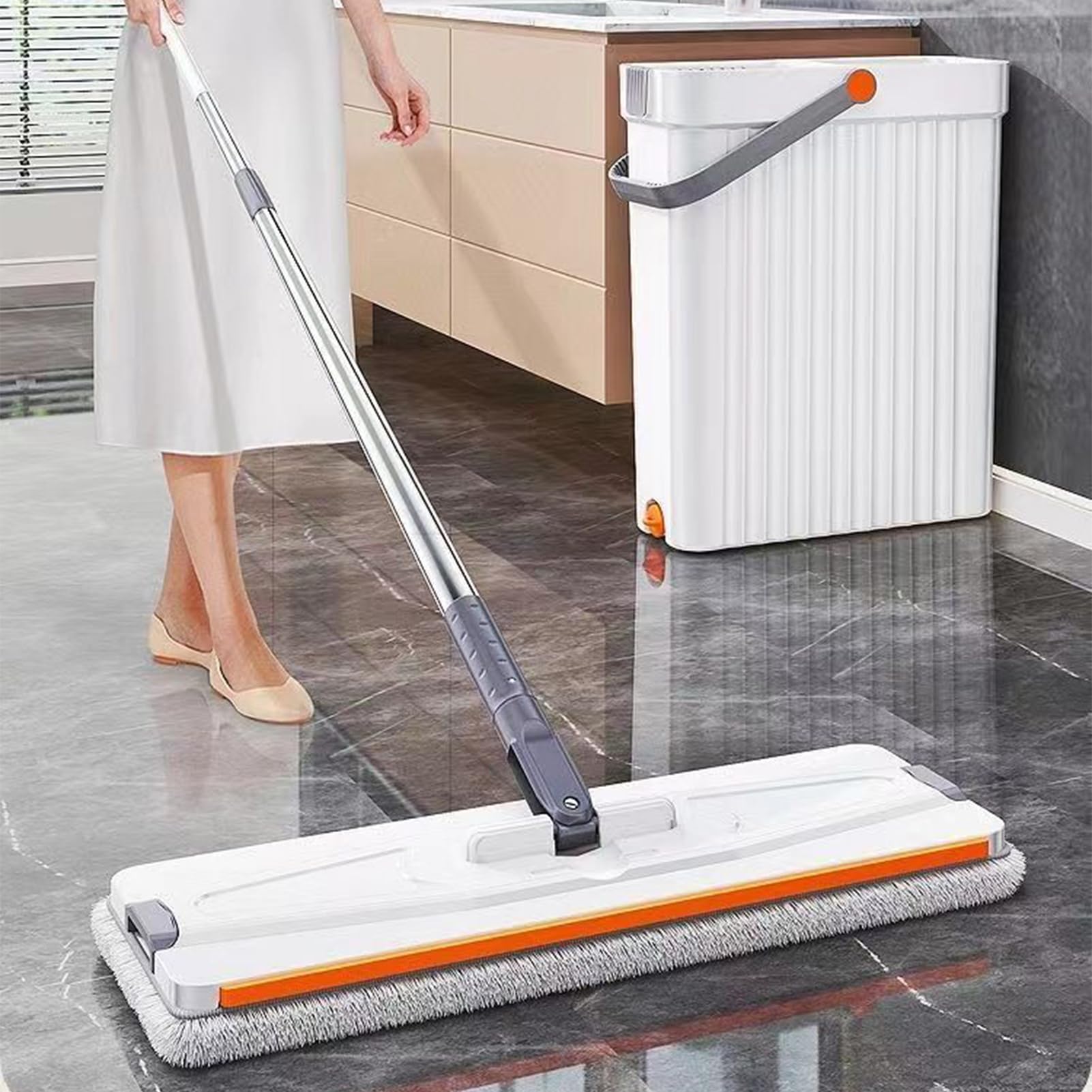 Fregona Y Cubo Utensilio De Limpieza Doméstico Húmedo Y Seco con 4 Paños De | Fregona Plana Para Suelos Manos Libres Y Cubo Para Suelo De Madera Azulejos Cocina Baño Salón Ventana