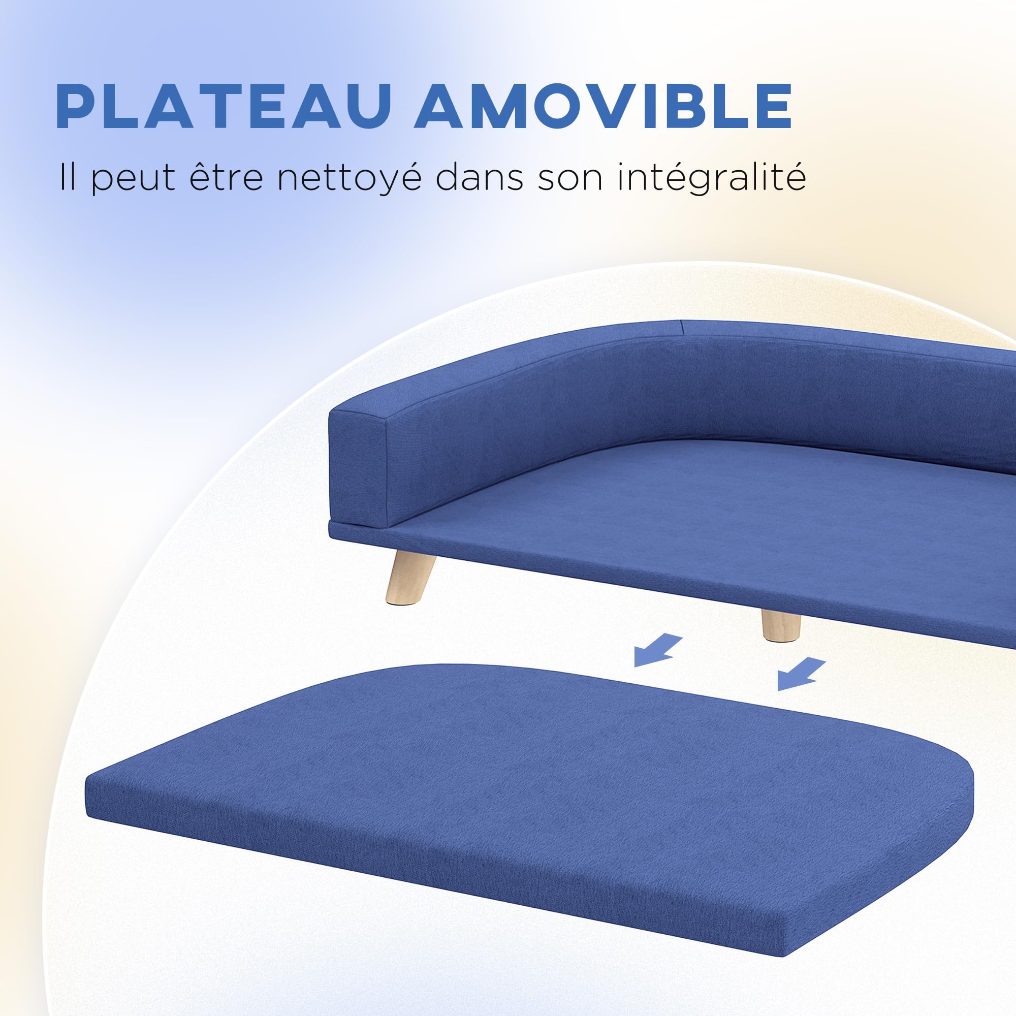 PawHut Canapé Chien, Lit pour Chien avec Coussin Déhoussable et Housse Lavable, Design Scandinave en Tissu Polyester avec Pieds en Bois, 98 x 67 x 25 cm, Bleu