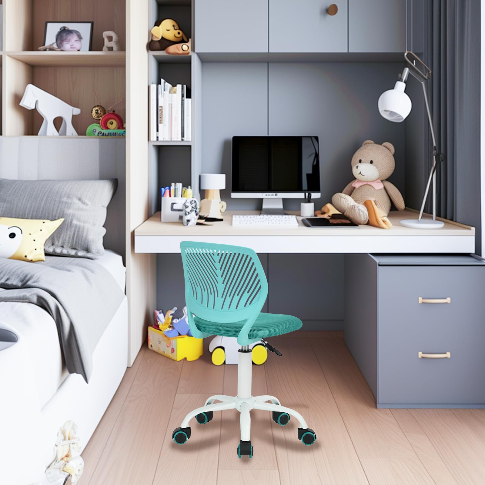 FurnitureR Moderne sans Bras pour Enfants-Chaise de Bureau réglable et pivotante pour écrire à la Maison-Turquoise, Plastique Métal, 38,5CM x40CM x75-87CM