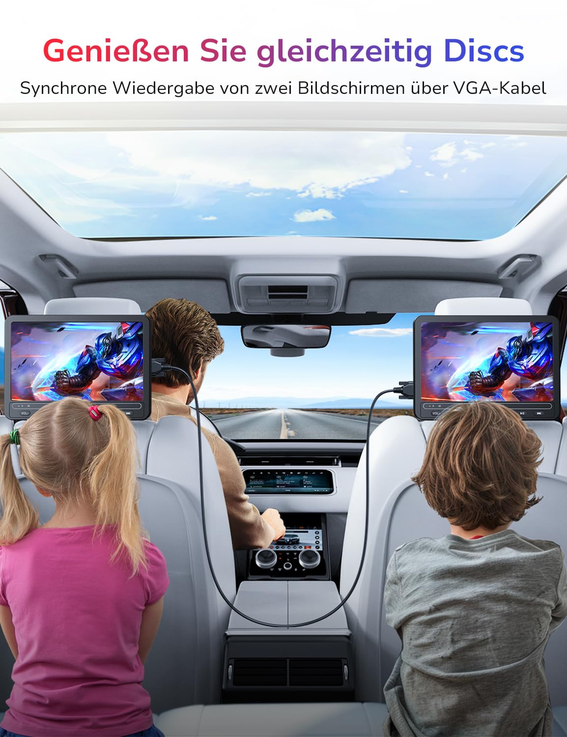 10,5" Tragbarer DVD Player Auto mit 2 HD-Bildschirm, 4-5 Stunden Wiederaufladbare Batterie, Auto Fernseher DVD Player mit Dual-Lautsprechern, Autoladegerät, 2 Kopfhörern, Sync TV/USB/SD-Karte
