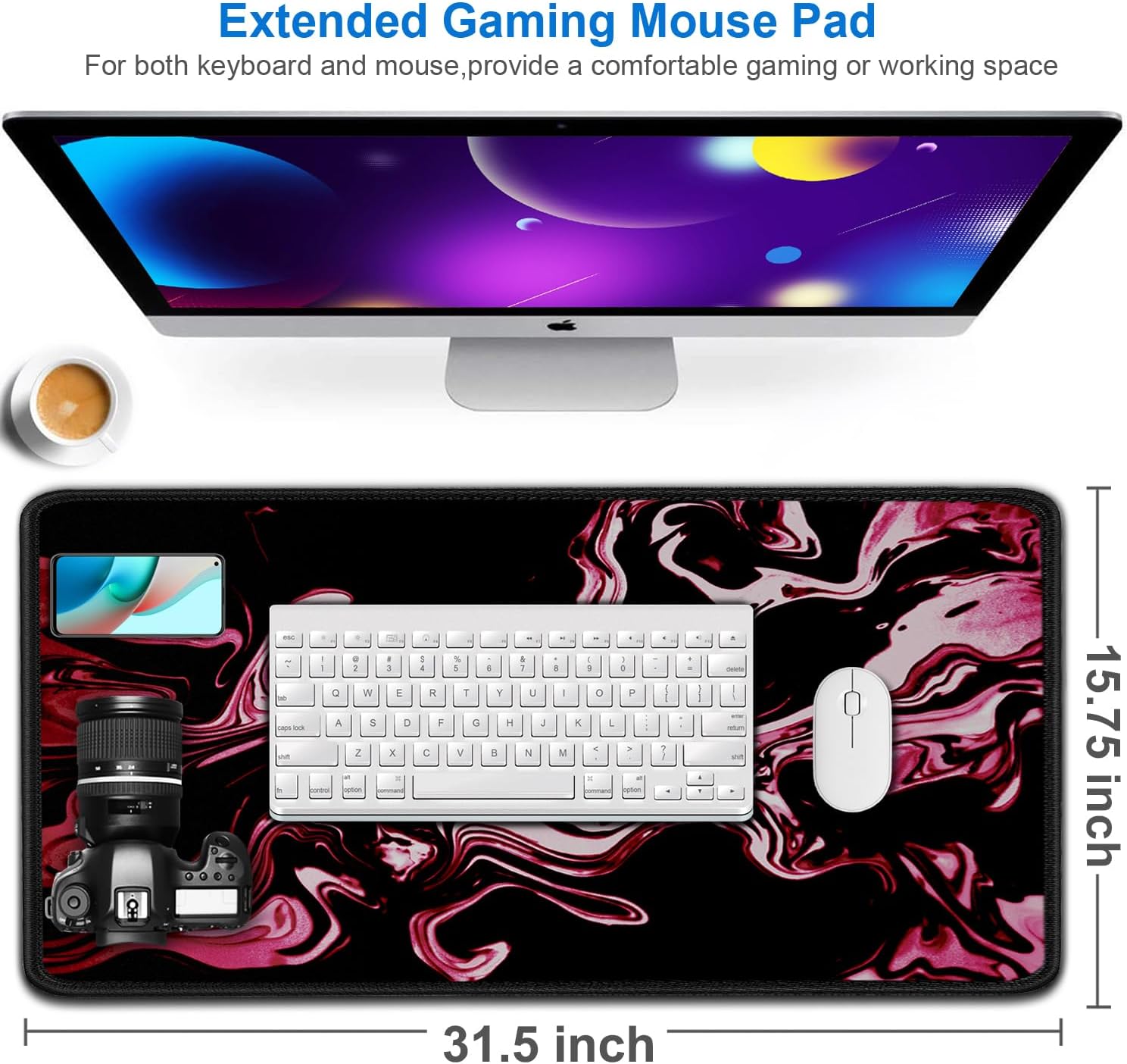 Gaming Mouse Pad, 31.5x15.7 inch Large Extended Computer Keyboard Mouse Mat, Water Resist Non-Slip Mousepad Rubber Base Long XXL Desk Mouse Pad for Gaming, Office & Home, Marble Red thumbnail